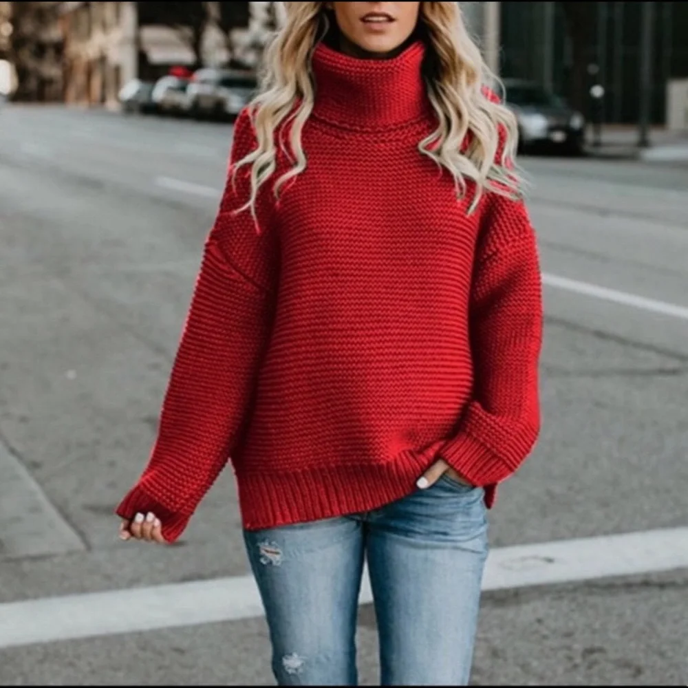 red cowl oversized women chunky knit sweater tunic